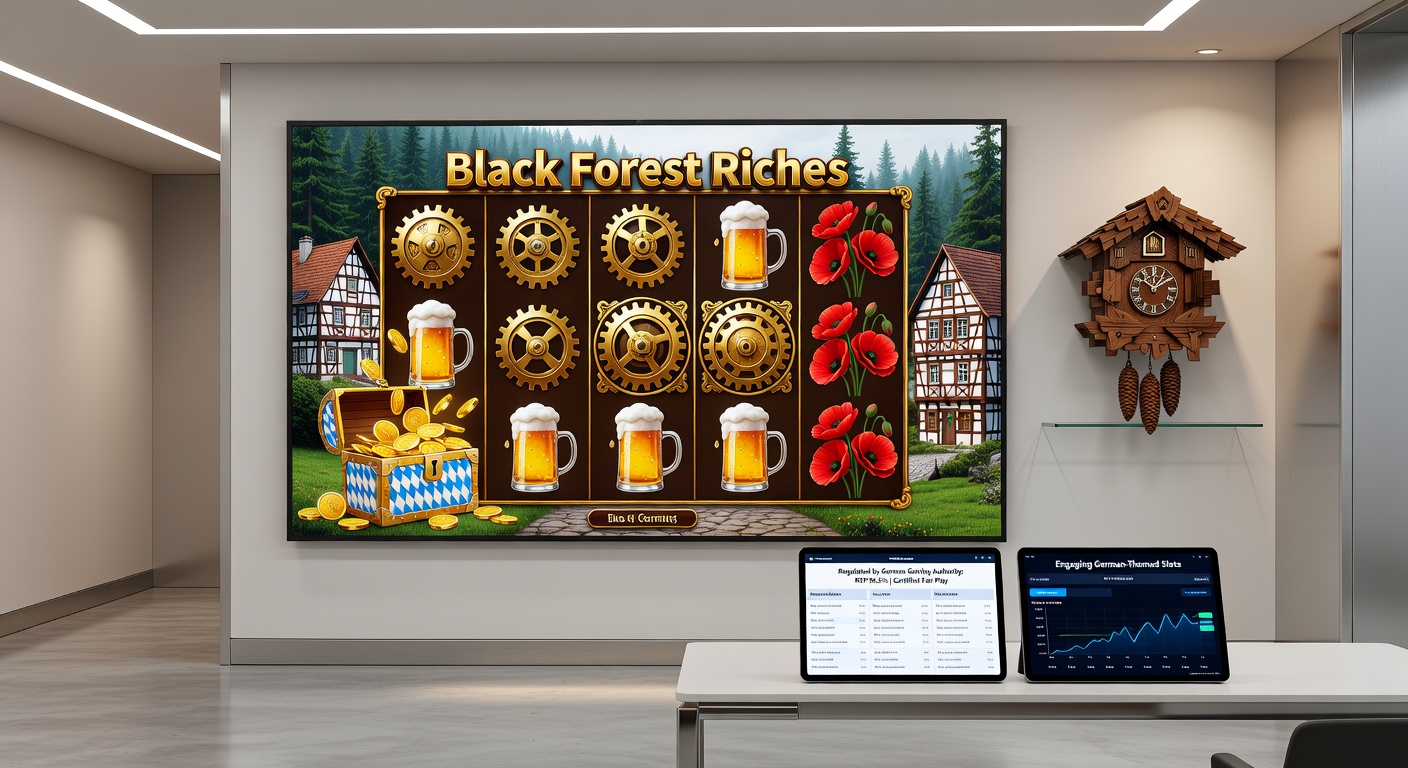 Slot-Interface mit deutschen industriellen Motiven wie Zahnrädern und traditionellen Fest-Elementen in einem regulierten Casino-Umfeld