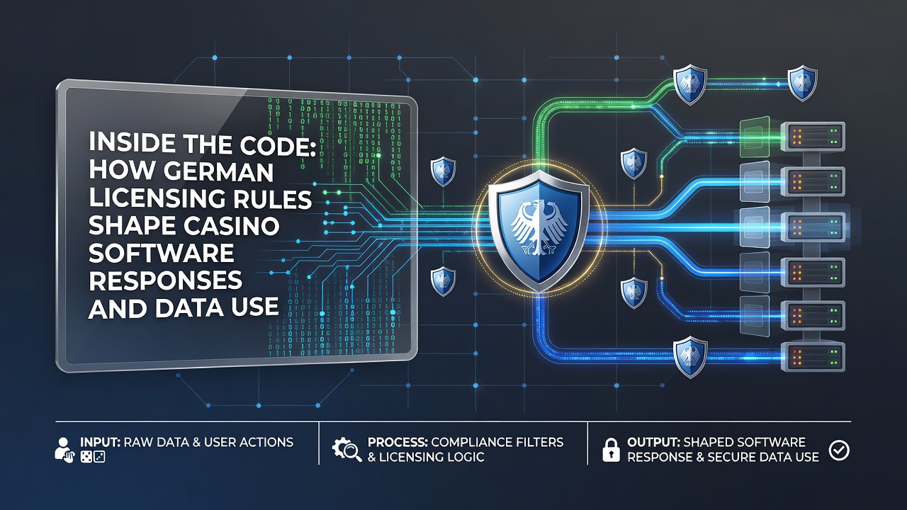 Illustration showing German licensing documents overlaid on casino software code interfaces and data flow diagrams