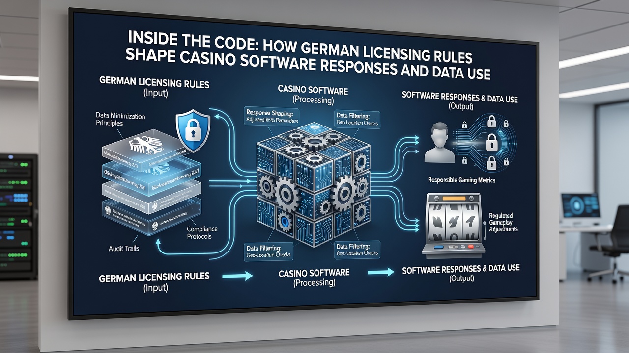 Diagram of data flow in regulated casino software with encryption layers and licensing compliance checkpoints